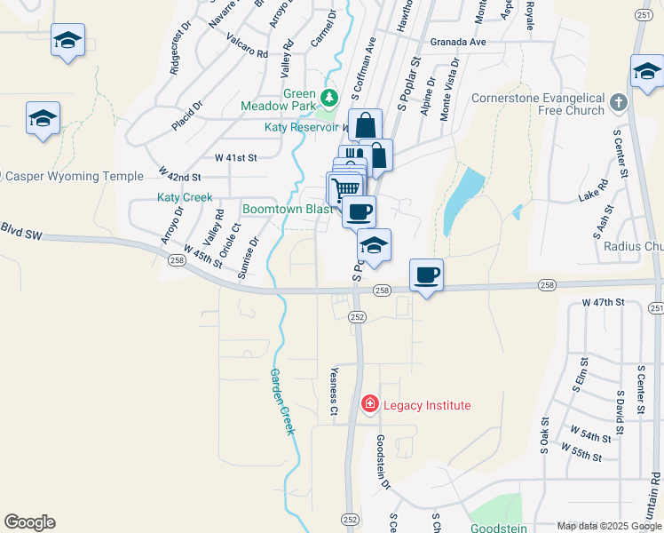 map of restaurants, bars, coffee shops, grocery stores, and more near 4400 South Poplar Street in Casper