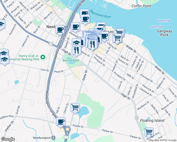 map of restaurants, bars, coffee shops, grocery stores, and more near 15 State Street in Newburyport