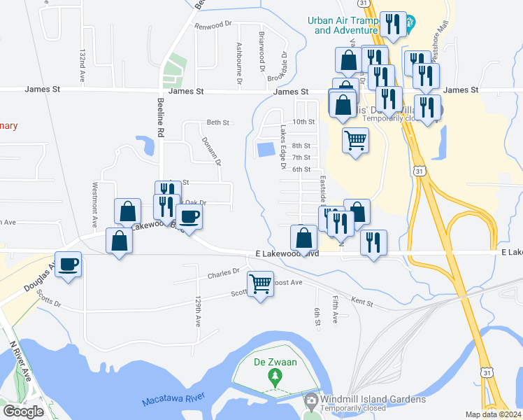 map of restaurants, bars, coffee shops, grocery stores, and more near 275 East Lakewood Boulevard in Holland