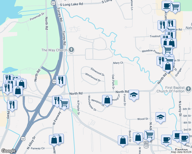 map of restaurants, bars, coffee shops, grocery stores, and more near 826 Westwood Drive in Fenton