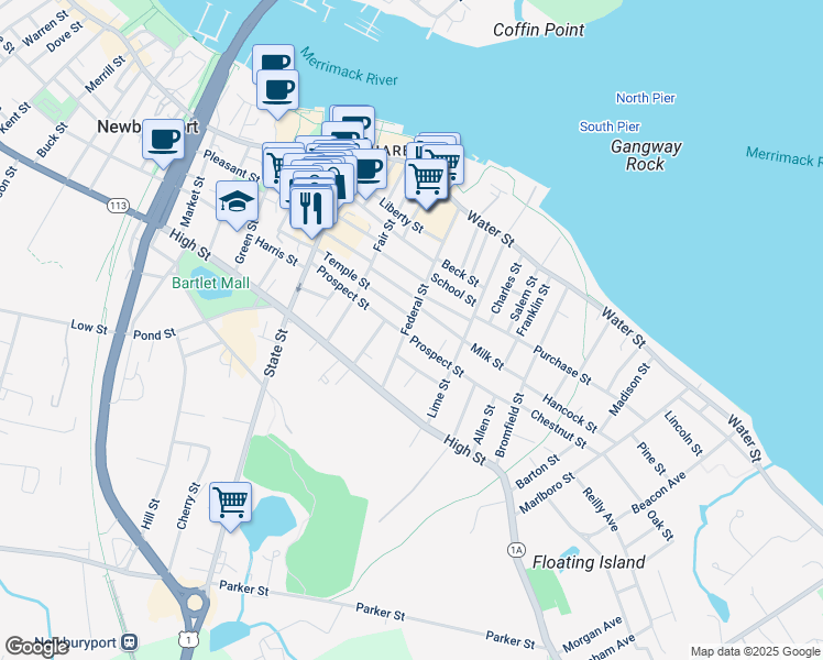 map of restaurants, bars, coffee shops, grocery stores, and more near 68 Federal Street in Newburyport