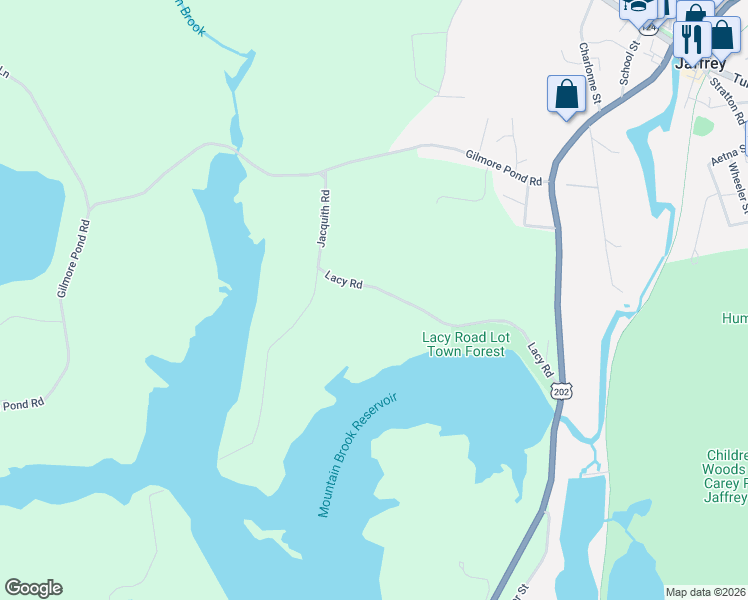 map of restaurants, bars, coffee shops, grocery stores, and more near 99 Lacy Road in Jaffrey