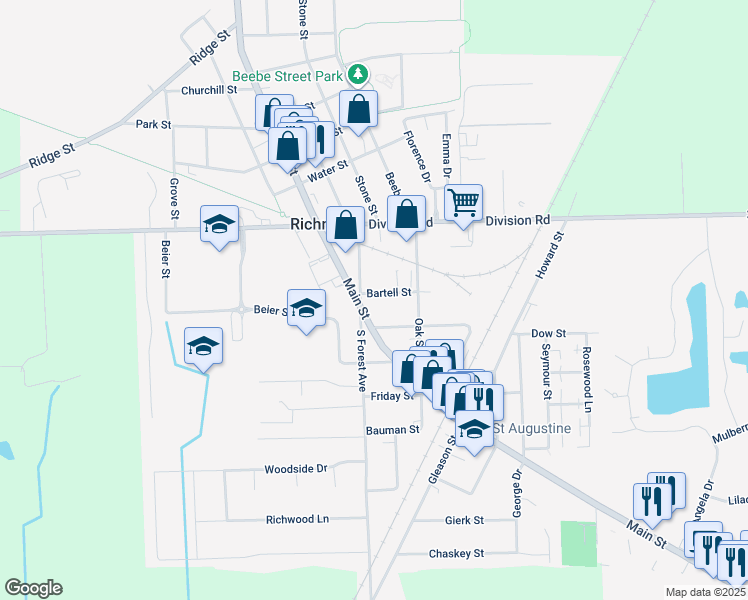 map of restaurants, bars, coffee shops, grocery stores, and more near 36044 Bartell Street in Richmond