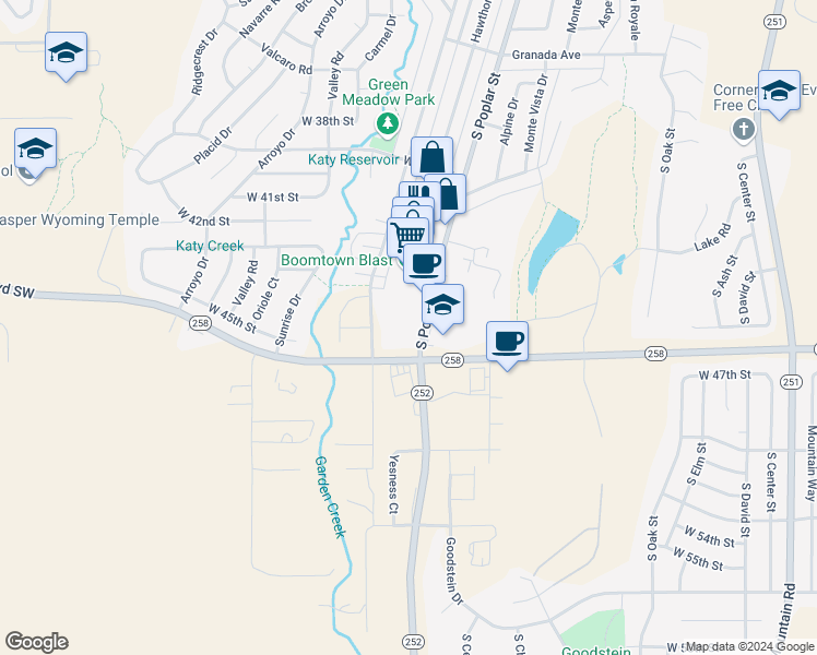 map of restaurants, bars, coffee shops, grocery stores, and more near 4460 South Poplar Street in Casper