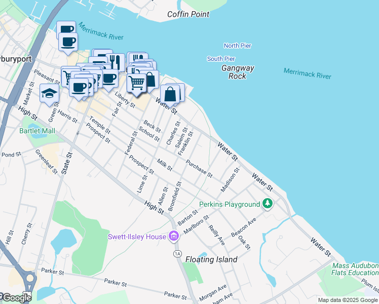 map of restaurants, bars, coffee shops, grocery stores, and more near 32 Bromfield Street in Newburyport