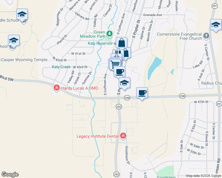 map of restaurants, bars, coffee shops, grocery stores, and more near 4400 South Poplar Street in Casper