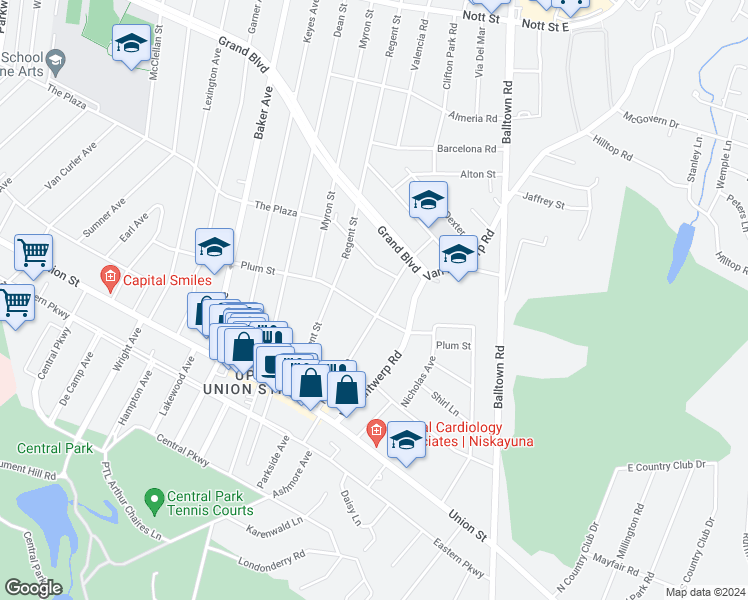 map of restaurants, bars, coffee shops, grocery stores, and more near 2215 Plum Street in Schenectady County