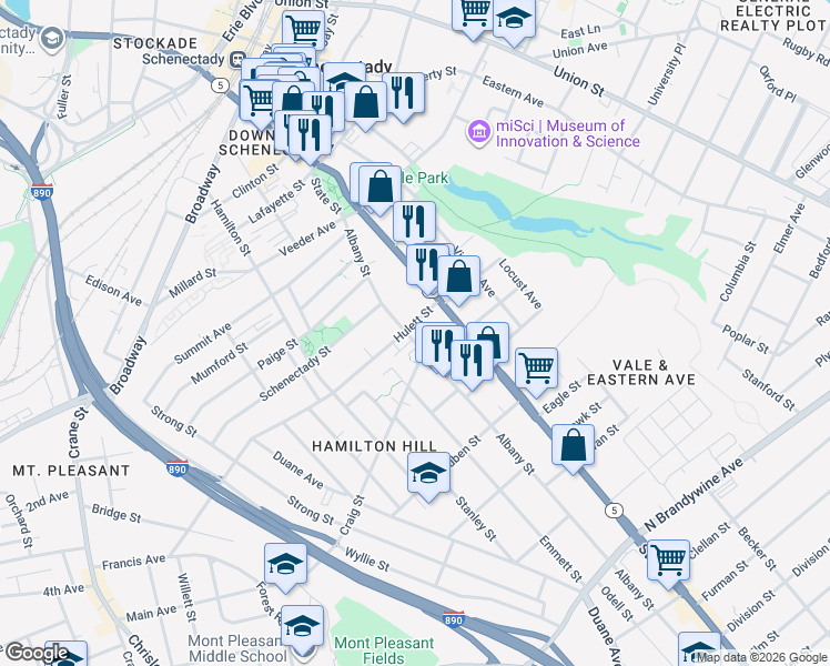 map of restaurants, bars, coffee shops, grocery stores, and more near 780 Albany Street in Schenectady