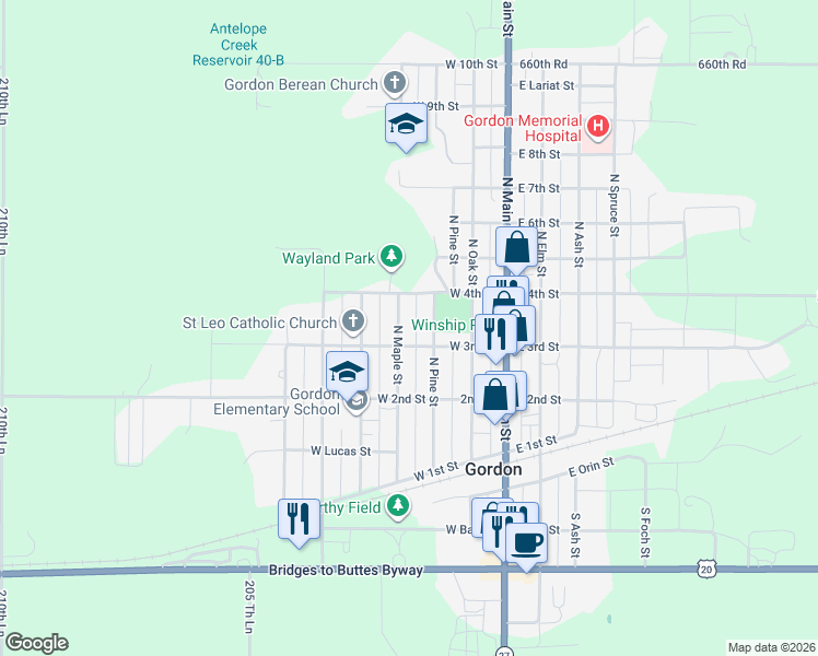 map of restaurants, bars, coffee shops, grocery stores, and more near 301-399 North Maple Street in Gordon