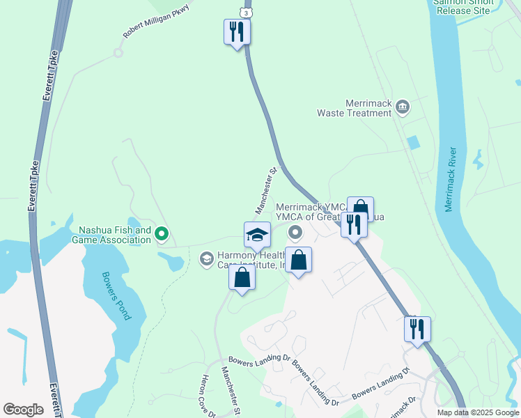 map of restaurants, bars, coffee shops, grocery stores, and more near 10 Manchester Street in Merrimack
