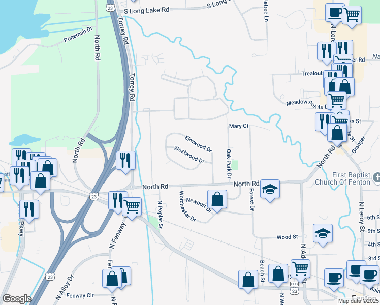 map of restaurants, bars, coffee shops, grocery stores, and more near 826 Westwood Drive in Fenton