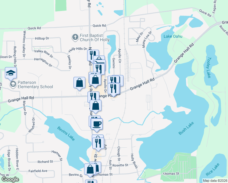 map of restaurants, bars, coffee shops, grocery stores, and more near 4045 Grange Hall Road in Holly