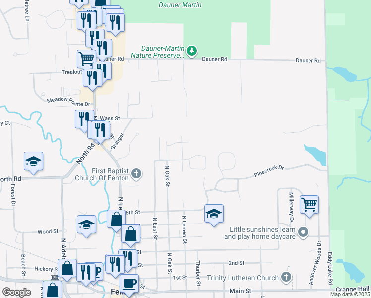 map of restaurants, bars, coffee shops, grocery stores, and more near 1055 North Lemen Street in Fenton