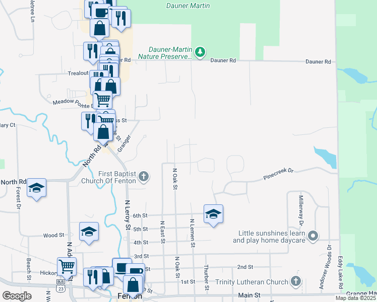 map of restaurants, bars, coffee shops, grocery stores, and more near 1055 North Lemen Street in Fenton