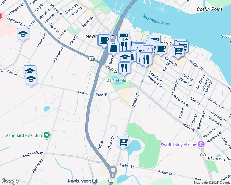 map of restaurants, bars, coffee shops, grocery stores, and more near 25 Greenleaf Street in Newburyport