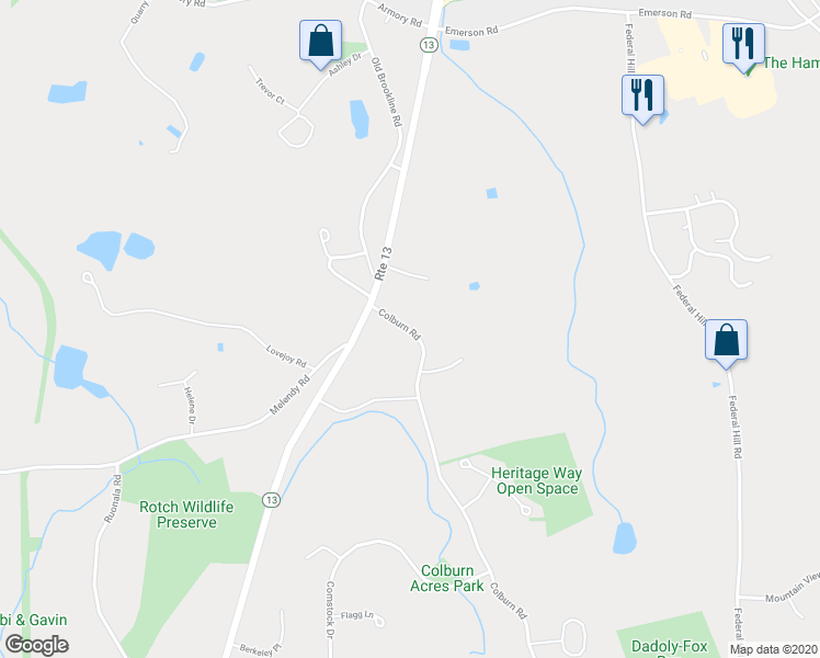 map of restaurants, bars, coffee shops, grocery stores, and more near 18 Colburn Road in Milford