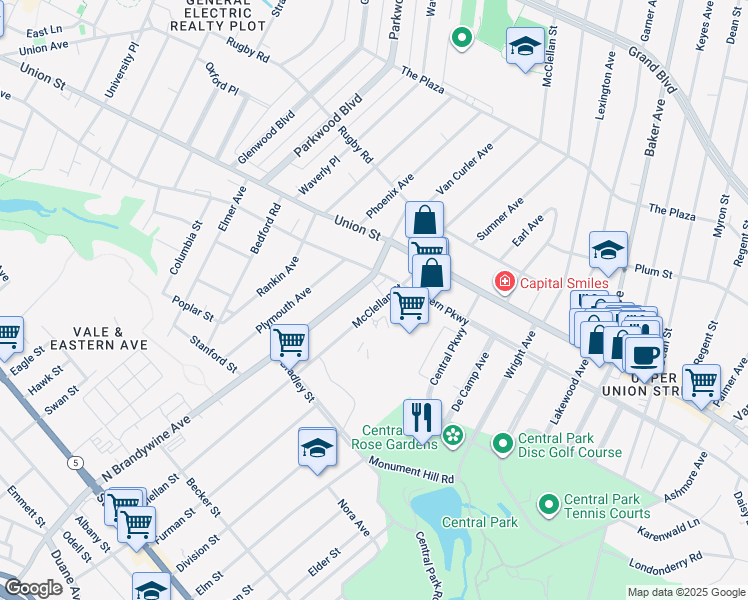 map of restaurants, bars, coffee shops, grocery stores, and more near 801 Mc Clellan Street in Schenectady