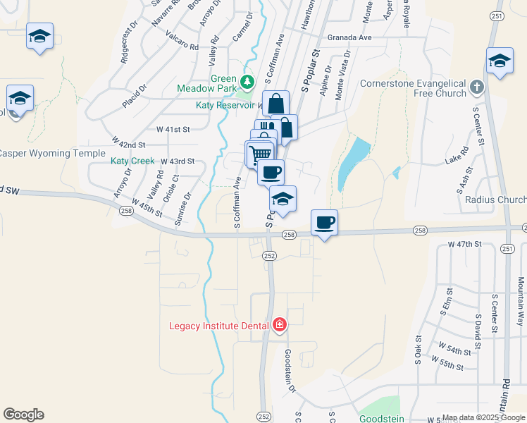 map of restaurants, bars, coffee shops, grocery stores, and more near 4400 South Poplar Street in Casper