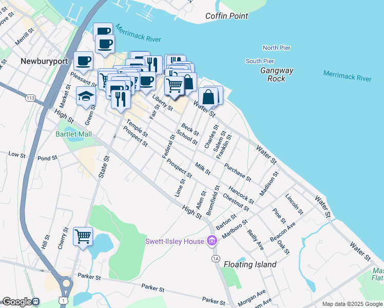 map of restaurants, bars, coffee shops, grocery stores, and more near 2 Purchase Street in Newburyport