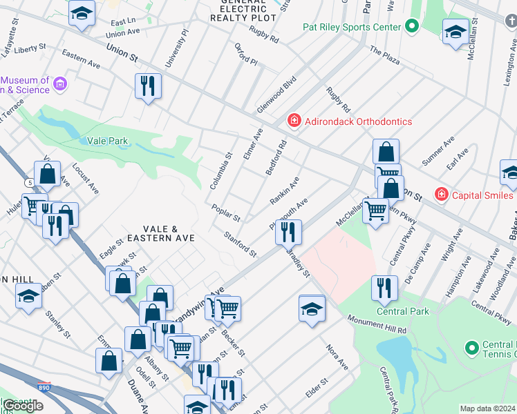map of restaurants, bars, coffee shops, grocery stores, and more near 527 Bedford Road in Schenectady