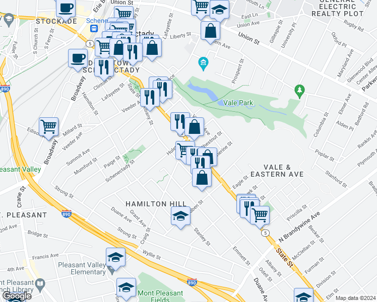 map of restaurants, bars, coffee shops, grocery stores, and more near 812 State Street in Schenectady