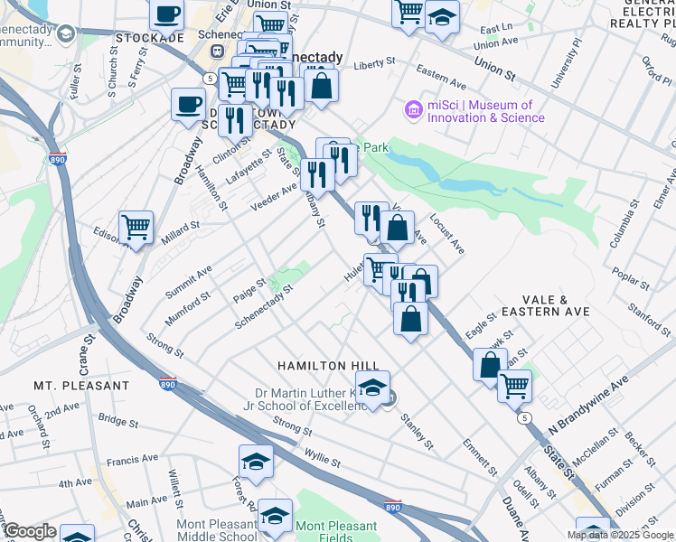 map of restaurants, bars, coffee shops, grocery stores, and more near 780 Albany Street in Schenectady