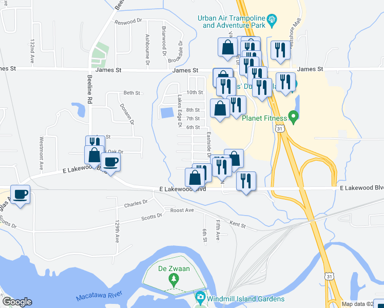 map of restaurants, bars, coffee shops, grocery stores, and more near 333 East Lakewood Boulevard in Holland