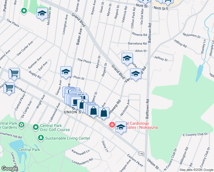 map of restaurants, bars, coffee shops, grocery stores, and more near 2215 Plum Street in Schenectady County