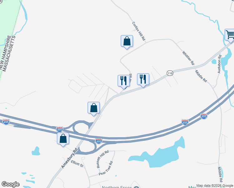 map of restaurants, bars, coffee shops, grocery stores, and more near 2 Whittier Road in Haverhill
