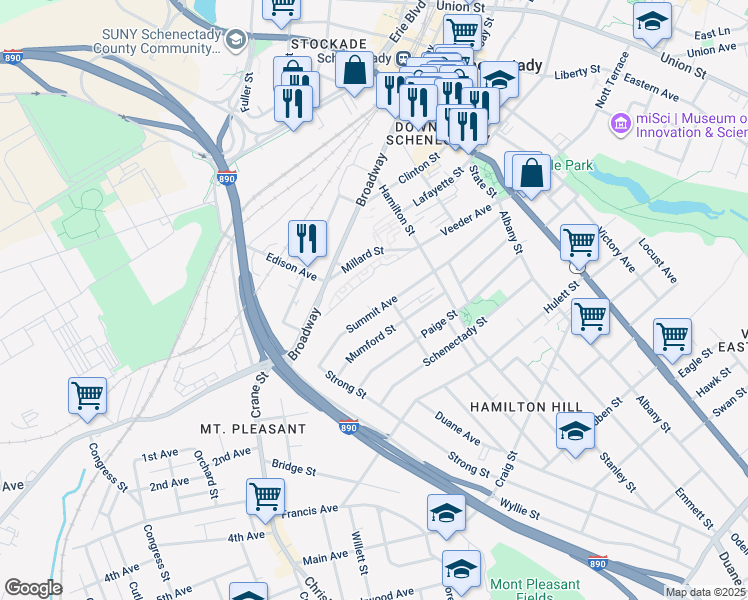 map of restaurants, bars, coffee shops, grocery stores, and more near 512 Summit Avenue in Schenectady