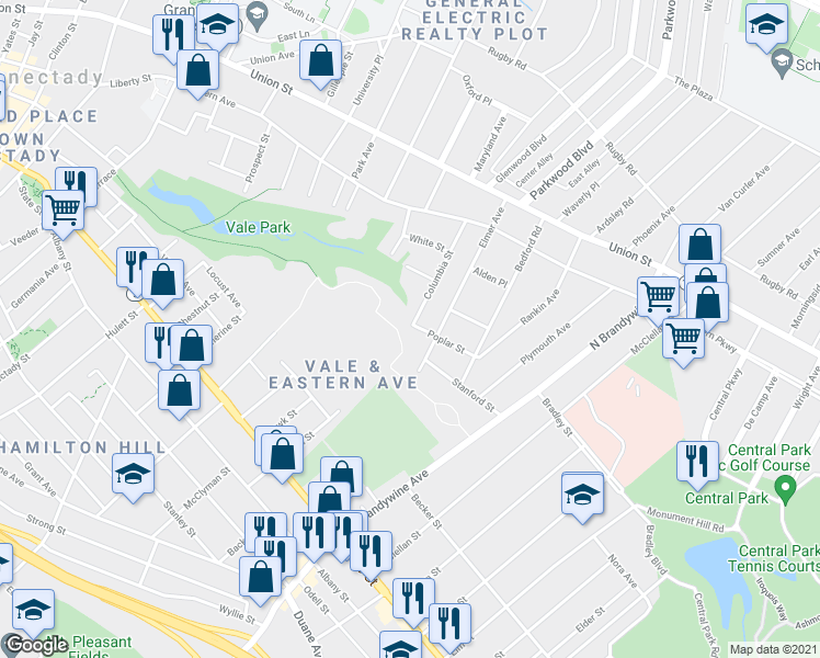 map of restaurants, bars, coffee shops, grocery stores, and more near 1252 Poplar Street in Schenectady