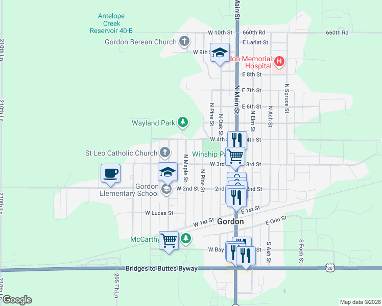 map of restaurants, bars, coffee shops, grocery stores, and more near 301-399 North Maple Street in Gordon