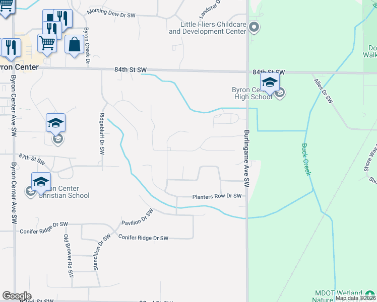 map of restaurants, bars, coffee shops, grocery stores, and more near 1803 Portadown Southwest in Byron Center