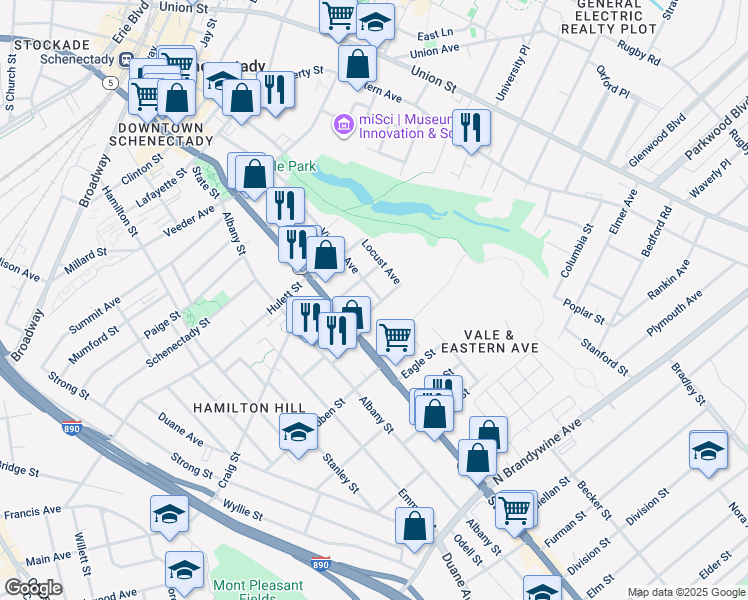 map of restaurants, bars, coffee shops, grocery stores, and more near 17 Catherine Street in Schenectady
