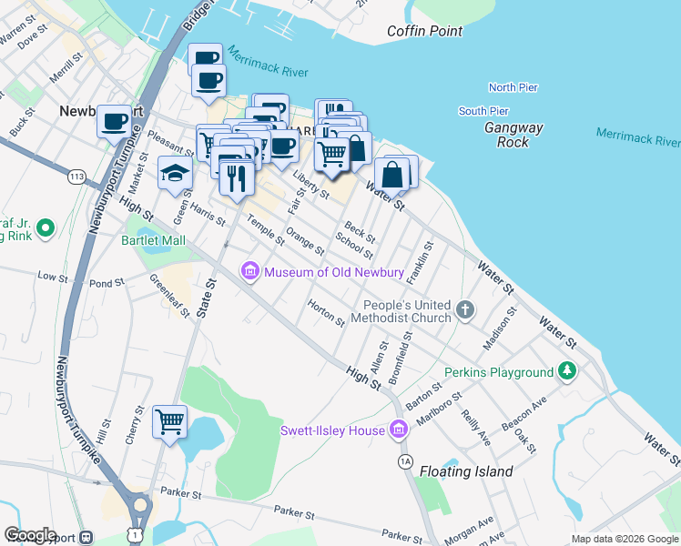 map of restaurants, bars, coffee shops, grocery stores, and more near 14 Milk Street in Newburyport