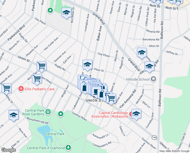 map of restaurants, bars, coffee shops, grocery stores, and more near 1076 Keyes Avenue in Schenectady