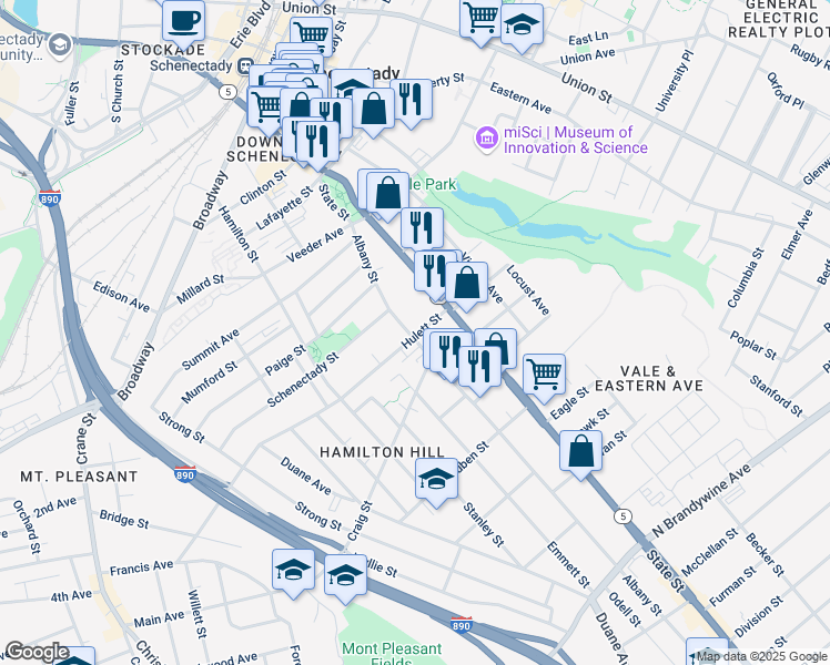 map of restaurants, bars, coffee shops, grocery stores, and more near 780 Albany Street in Schenectady