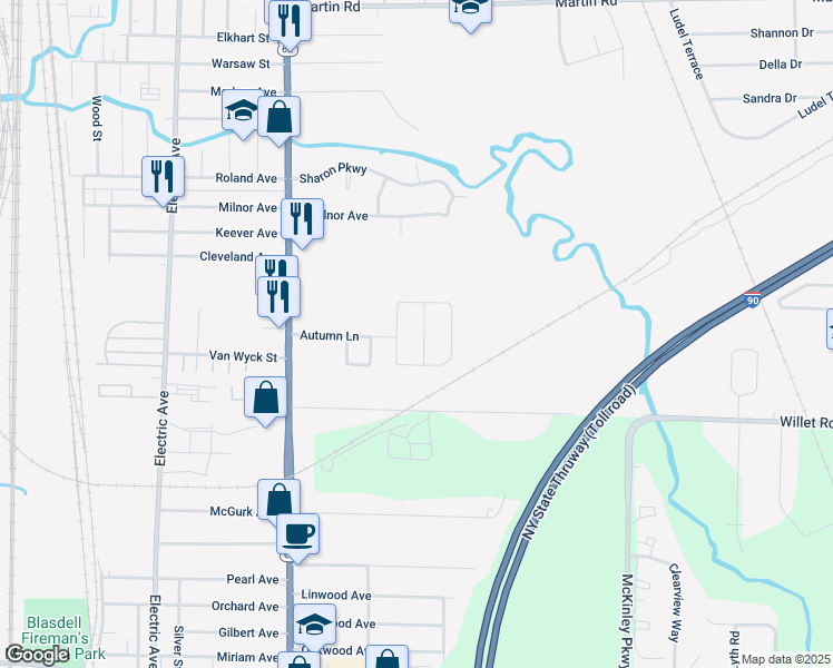 map of restaurants, bars, coffee shops, grocery stores, and more near 29 Sunrise Drive in Buffalo