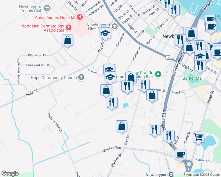 map of restaurants, bars, coffee shops, grocery stores, and more near 2 Perry Way in Newburyport