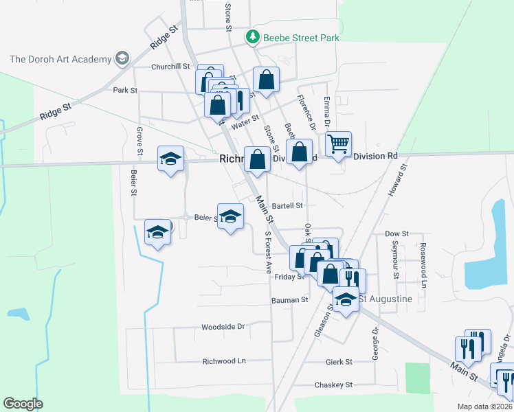 map of restaurants, bars, coffee shops, grocery stores, and more near 68739 Main Street in Richmond