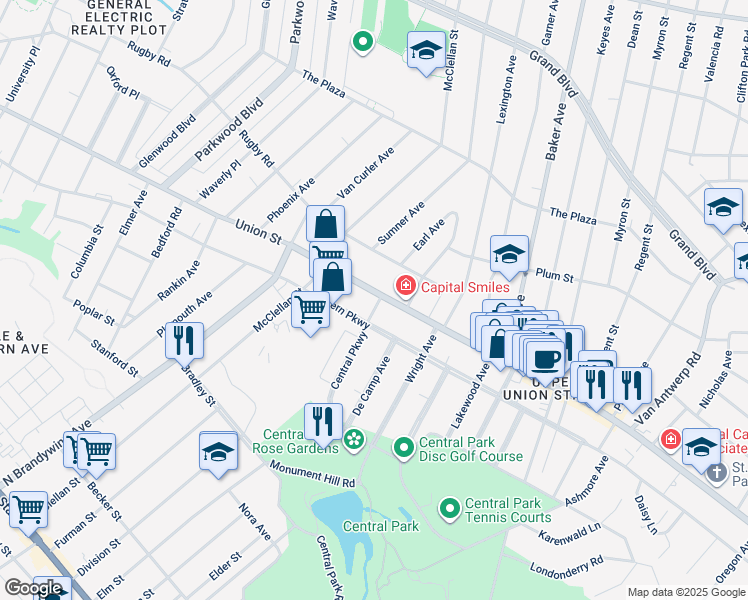 map of restaurants, bars, coffee shops, grocery stores, and more near 1530 Union Street in Schenectady