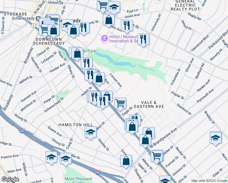 map of restaurants, bars, coffee shops, grocery stores, and more near 17 Catherine Street in Schenectady