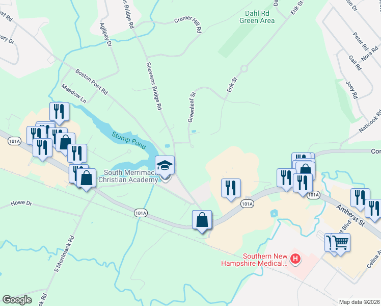 map of restaurants, bars, coffee shops, grocery stores, and more near 3 Greenleaf Street in Merrimack