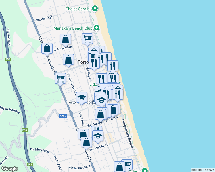 map of restaurants, bars, coffee shops, grocery stores, and more near 10 Via L. Capanna in Tortoreto Lido