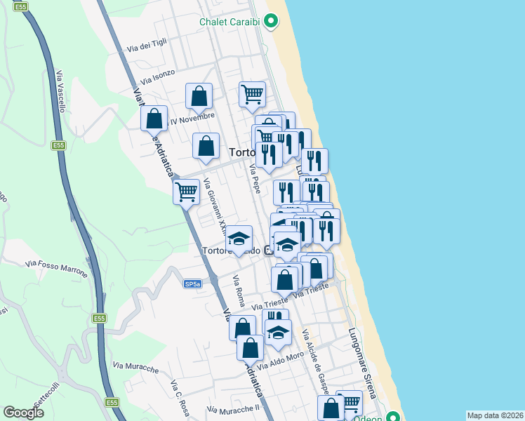 map of restaurants, bars, coffee shops, grocery stores, and more near 57 Via Pepe in Tortoreto Lido