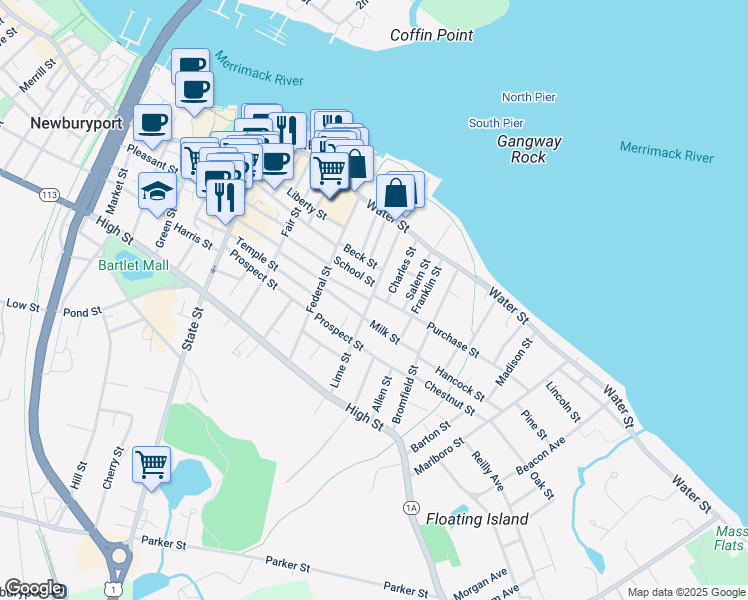 map of restaurants, bars, coffee shops, grocery stores, and more near 2 Purchase Street in Newburyport