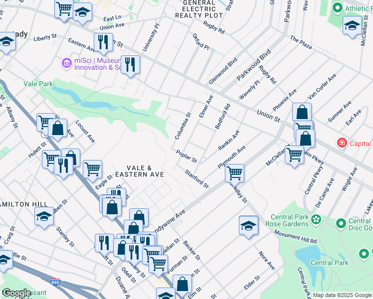 map of restaurants, bars, coffee shops, grocery stores, and more near 153 Elmer Avenue in Schenectady