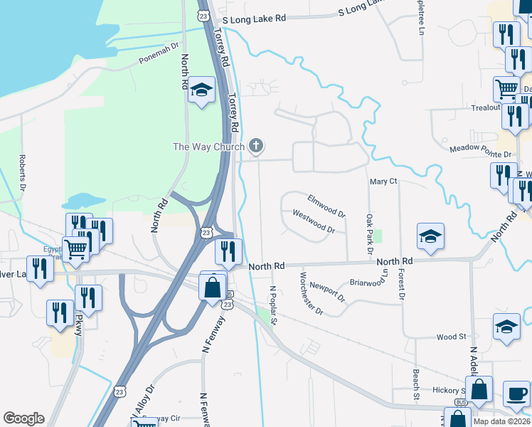 map of restaurants, bars, coffee shops, grocery stores, and more near 15181 Charluene Drive in Fenton