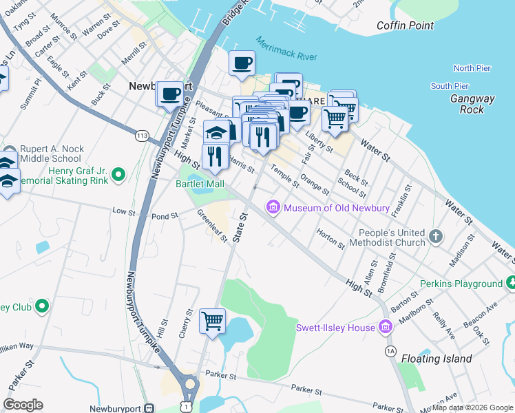 map of restaurants, bars, coffee shops, grocery stores, and more near 25 Otis Place in Newburyport