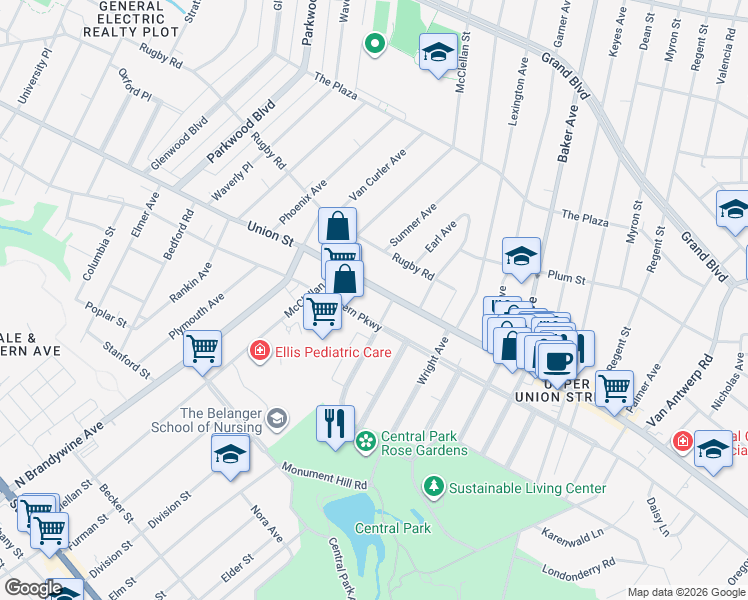 map of restaurants, bars, coffee shops, grocery stores, and more near 1530 Union Street in Schenectady